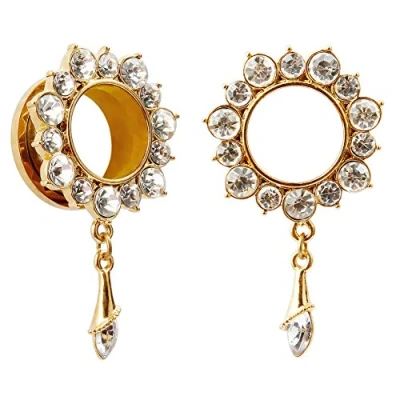 Image of KUBOOZ Gemmed Flower Drop Eyelets Gold Plated Stainless Steel Flare Screw Back Ear Tunnels Plugs Gauges 20mm