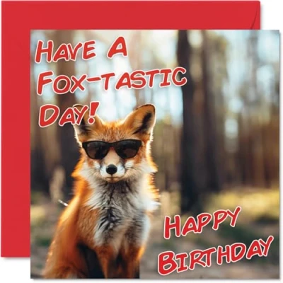Image of Funny Birthday Cards for Women Men Cool Fox Sunglasses Happy Card Mum Dad Brother Sister Uncle Auntie Cousin Grandad Nanny Friend 145mm x Joke Pun Greeting