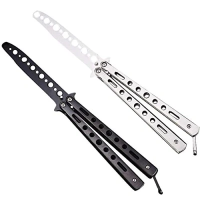 Image of Ideal Swan 2 Pcs Balisong Butterfly Trainer Practice NOT REAL NO SHARP Unsharpened Blade (Black + Silver)