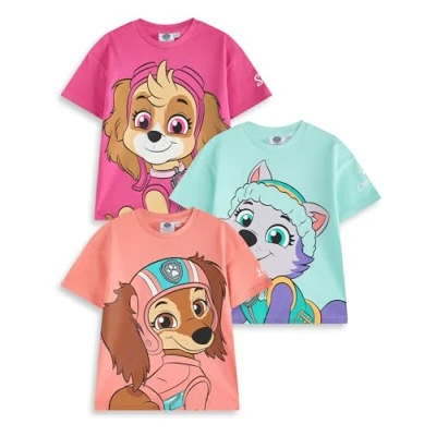 Image of Paw Patrol Girls T Shirt Set Kids 3 Pack of Short Sleeved Tees with Big Character Graphic Print Skye Everest Liberty Cartoon Characters Childrens Animated TV Series Apparel Merchandise Gift
