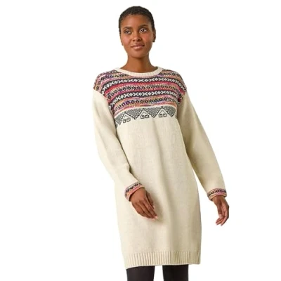 Image of Roman Thick Jumper Dress for Women UK Ladies Knitted Knit Sweater Long Longline Knitwear Autumn Winter Holiday Round Neck Sleeve Soft Knee Length Sweat Warm Ivory Size 18