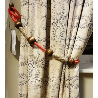 Image of Kestral 2 x Tie Backs Woven Rope Curtain Tieback Hold With Saffron Wooden Ball Design Beautiful Elegant Finish, Peach