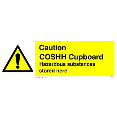 Image of Pack of five Caution COSHH CUPBOARD Sign 150x50mm L15