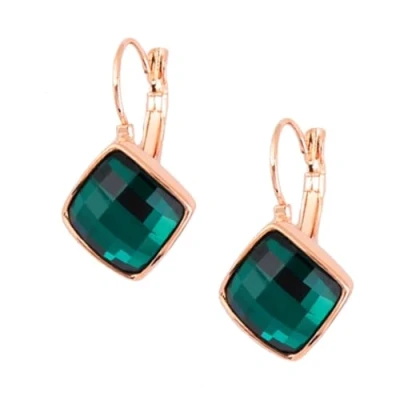 Image of Crystalline Azuria Women 18ct Rose Gold Plated Rhombus Square Green Simulated Emerald Crystals Lever back Dangle Earrings