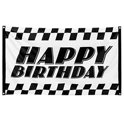 Image of Boland Chequered Happy Birthday Polyester Flag for Childrens Parties Racing Car Go Kart Children&#039;s Party 90 x 150cm