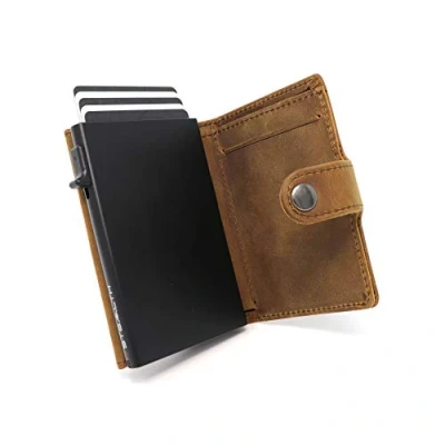 Image of Stealth Wallet Smart Minimalist Cards Holder RFID Blocking Pop Up Wallets with Gift Box Credit Card Holders Contactless Protection (Black Brown Crazy Horse Leather and Coin Pocket)