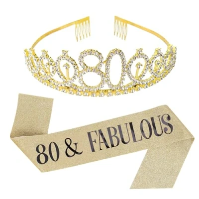 Image of AIBAOBAO 80th Birthday Sash and Rhinestone Tiara Kit, 80&amp; Fabulous &amp; Set 80 Gifts Party Favors Gold Favors, Women, Grandma, Decorations