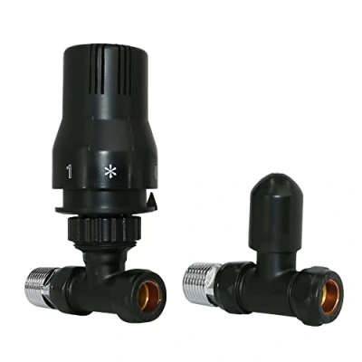 Image of Warmehaus Black Thermostatic Radiator Valve 15mm Straight TRV + Lockshield for Heated Towel Rail