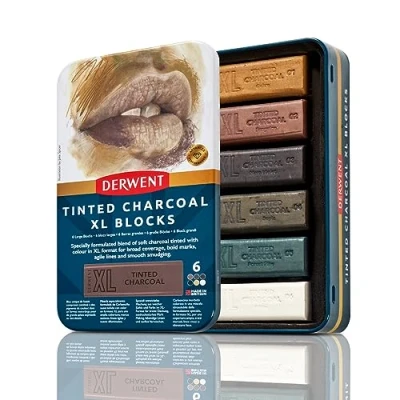 Image of Derwent Tinted Charcoal XL Blocks 6 Tin, Set of 6, 60mm Extra Large Block, Naturally Water soluble, Ideal for Sketching, Drawing and Expressive Mark Making, Professional Quality, 2306177