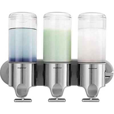 Image of simplehuman BT1029 444ml Triple Wall Mounted Soap Dispenser Pump for Soap, Shampoo, Conditioner, Shower Gel, Suitable Bathroom, Easy to Install, Rustproof, Brushed Stainless Steel