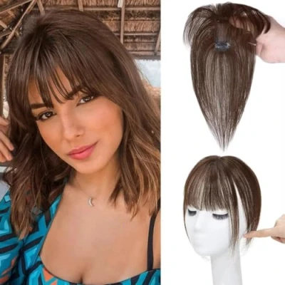 Image of Clip in Bangs, Fringe Human Hair, Real Hair Extensions, on Air Bangs for Women Hairpieces Curved Daily Wear, B, dark brown