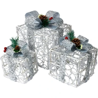 Image of Electrovision Xmas Haus Set of 3 Outdoor/Indoor LED Light Up Christmas Boxes Battery Operated with 60 Bright LED&#039;s, Timer and 8 Pattern controller for Festive Decoration