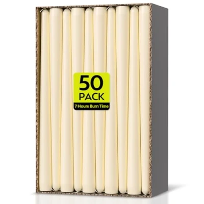 Image of Taper Dinner Candles, Non Drip Table Candlesticks, Unscented Ivory, 7 Hour Burn Time, Long Burning Tapered Paraffin Wax with Cotton Wicks, 50 Pack