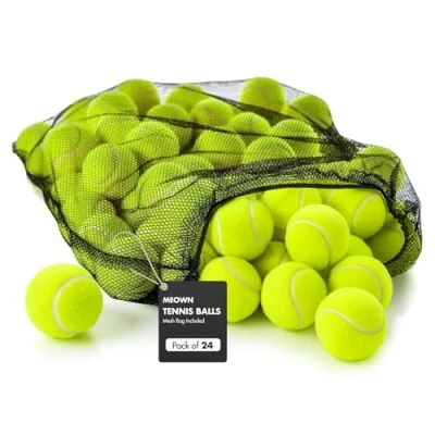 Image of Meown Tennis Balls 24 Pack Pressureless Exercise Perfect for Sports, Practice, Pet Play, Dog Training &amp; Throwing Machines Includes Mesh Carrying Bag All Court Types Compatible