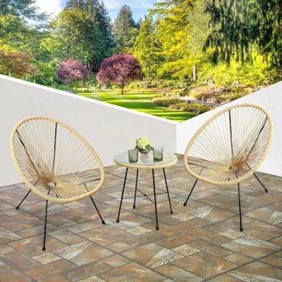 Image of RayGar 3pcs Bistro Egg Designer String Chair Indoor &amp; Outdoor Garden Set (Natural)