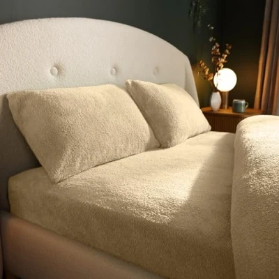 Image of Silentnight Teddy Fleece Fitted Sheet Single Natural Bear Bottom Warm Cosy Fluffy Winter Deep Fitting with Elasticated Corners