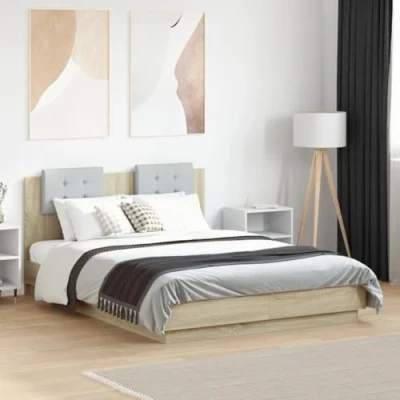 Image of vidaXL Double Bed Frame with Headboard and LED Lights Engineered Wood, Plywood Slats, Sonoma Oak Finish, 135x190 cm
