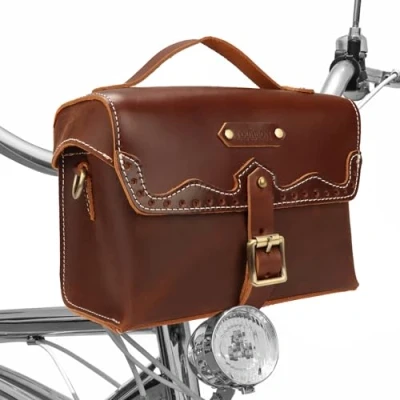 Image of TOURBON Retro Bike Handlebar Bag Genuine Leather Bicycle Rear Saddle Pannier Frame Pouch
