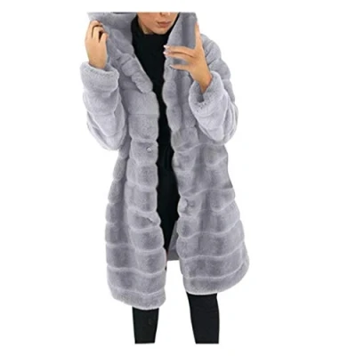 Image of SkotO Plush Jacket Women&#039;s Long Fur Coat with Hood Fleece Fluffy Teddy Faux Transition Sleeve Warm Quilted Windproof Outdoor Hooded Winter Jacket, gray, XXXXL