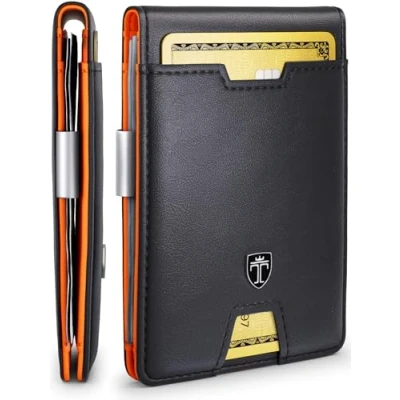 Image of TRAVANDO Mens Slim Wallet with Money Clip Austin RFID Blocking Bifold Credit Card Holder for Men Gift Box, Black &amp; Orange