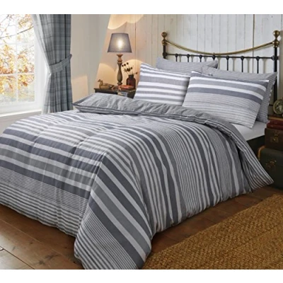 Image of Sleepdown Flannel Stripe Grey Reversible Soft Duvet Cover Quilt Bedding Set With Pillowcases Super King (220cm x 260cm), Cotton, Superking