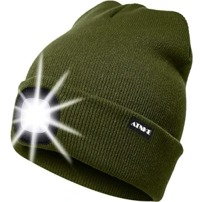 Image of ATNKE LED Lighted Beanie Cap,USB Rechargeable Running Hat Ultra Bright 4 Waterproof Light Winter Warm Gifts for Men and Women/ArmyGreen