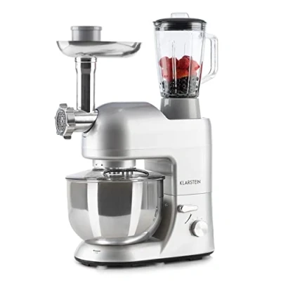 Image of Klarstein Lucia Stand Mixer, Food Processor and Blender, Meat Grinder, 1300 W, 5 liters, Planetary Mixing System, Cup, 6 Speed, Various Attachements, Stainless Steel Bowl, Silver