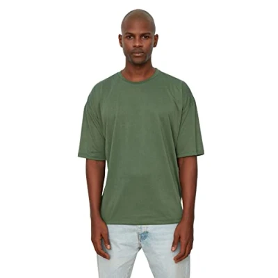 Image of Trendyol Man Oversize Basic Crew Neck Woven T Shirt Dark Green