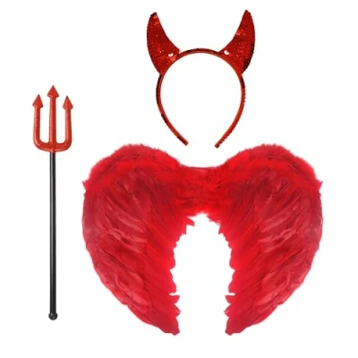 Image of Lizzy 3pc Devil Costume Women Girls Red Angel Wings Horns and Fork Trident Set Fancy dress accessory Pitchfork Headband