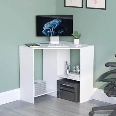 Image of Vida Designs Hetton Corner Computer Desk with Shelves, Home Office PC/Laptop Table, Gaming Study Workstation, Furniture, White