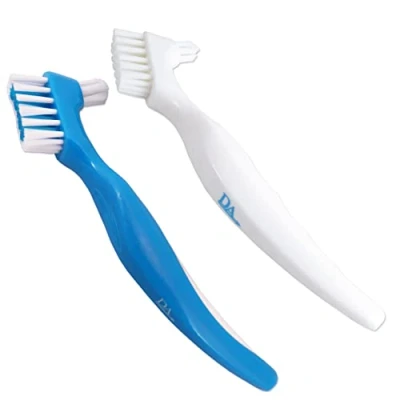 Image of Denture Brush (Set of 2) Blue &amp; White Brushes Easy Grip Handle, Double Bristle Head