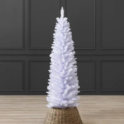 Image of Christow White Pencil Christmas Tree 5ft, Artificial Slim Spruce, Modern Indoor Xmas Decoration, Lifelike Forked Branches with PVC Needles, Easy Assembly Stand, Tip Count 236 (skirt not included)
