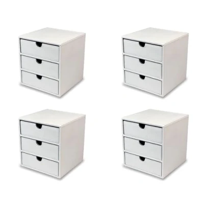 Image of OSCO White Faux Leather 3 Drawer Chest 4 Pack Small Item Storage Stackable Lego Container Makeup Jewellery Box Stationery Organiser Not A4 Size H18.2 x W17 D17 cm