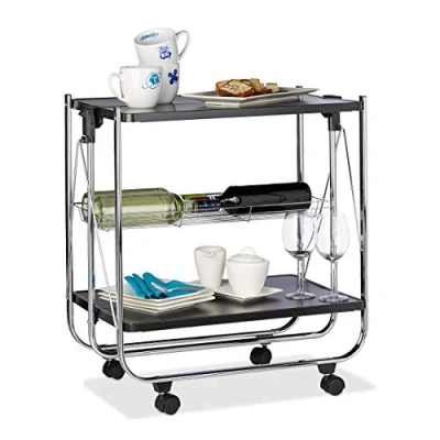 Image of Relaxdays Foldable Serving Trolley, 4 Wheels, 2 Shelves, Basket, HxWxD: 68.5 x 68 40.5 cm, Kitchen Cart, Black