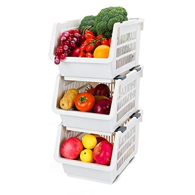 Image of Storage Stacking Basket Set of 3,Sackable Shelves Plastic Rack Stand Stackable Large Baskets for Vegetable Fruit Food Organizer (Beige)