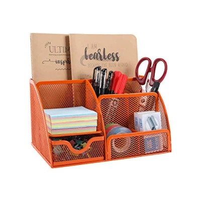 Image of EasyPAG Office Mesh Desk Tidy Versatile Stationery Storage Desktop Organiser Pen Holder with Drawer,Orange