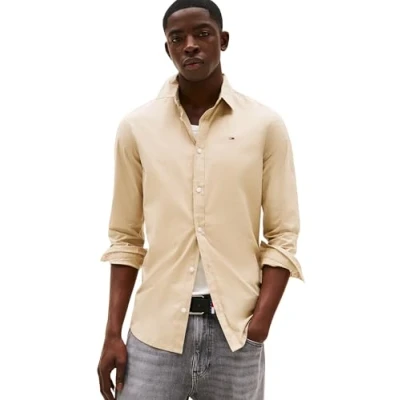 Image of Tommy Jeans Men’s TJM Original Long Sleeve Shirt, Beige (Silt), L