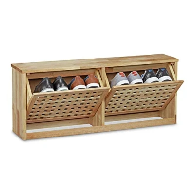 Image of Relaxdays Wooden Shoe Rack Drawer Closing Storage made of Walnut Wood, 38 x 94 20 cm Shelf for Wall Mounting, Modern Chest Hallway Furniture, Natural