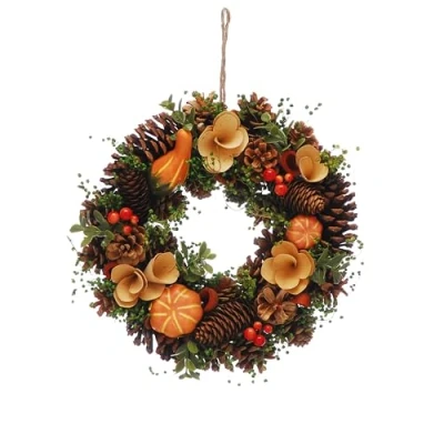 Image of Festive Productions Autumn Wreath with Pumpkins, Cream Flowers and Pinecones 30cm Decoration Pumpkins Themed Autumnal Décor Hanging Perfect for Home, Windows, Living Room, Front Door