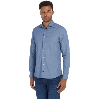 Image of Tommy Hilfiger Men&#039;s CL Stretch GEO Print SF Shirt L/S Shirt, Th Dark Navy/Th Light Blue, 45W