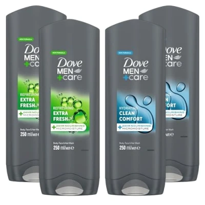 Image of Dove Men+Care Body Wash 250ml Pack of 4 Extra Fresh &amp; Clean Comfort Hydrating Shower Gel with 24hr Nourishing MicroMoisture Body, Face Hair
