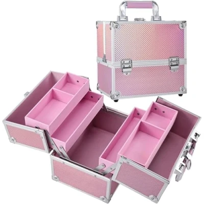 Image of Makeup Case Vanity Box 4 Trays Beauty Organiser Cosmetic Storage with Locks, Pink