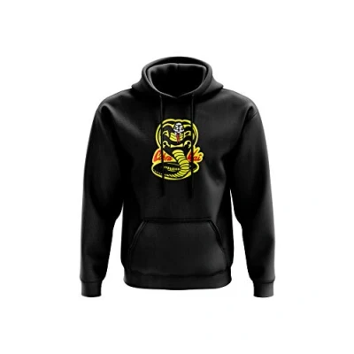 Image of Cobra Kai Hoodie Fighting Karate TV Show 80&#039;s Film Gift Present Birthday Christmas Twin Needle Stitch Detailing 80% Ringspun Cotton 20% Polyester Kangaroo Pouch Pocket (Black, Medium)