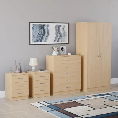 Image of Vida Designs Riano 4 Piece Bedroom Sets, 2 x 3 Drawer Bedside Cabinets, 5 Chest of &amp; Door Wardrobe (Pine)