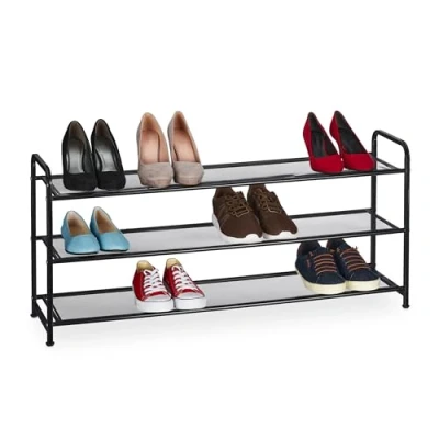 Image of Relaxdays Shoe Rack, Storage for 12 Pairs, HxWxD: 48 x 100 25.5 cm, Metal Organiser, Narrow, 3 Shelves, Hallway, White, Steel