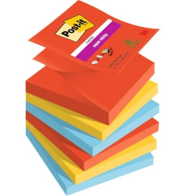 Image of Post it Super Sticky Z Notes Playful Color Collection, Pack of 6 Pads, 90 Sheets per Pad,76 mm x 76 mm, Red, Yellow, Blue Extra For Note Taking, To Do Lists &amp; Reminders
