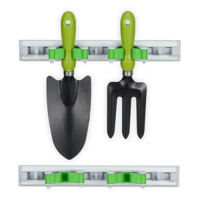 Image of Relaxdays Holder Wall Bracket, Set of 2, Broom Storage with Hooks, 2 Clamps Each for Garden Tools, Silver/Green, 4 x 30 5 cm