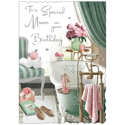 Image of Jonny Javelin Special Mum Large Birthday Card Happy with Bubble Bath Pamper Design and Embossed Foil Details for Women