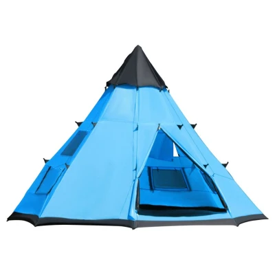Image of Outsunny 6 Men Tipi Tent, Camping Teepee Family Tent with Mesh Windows, Sewn in Floor, Two Doors and Carry Bag, Easy Set Up, for Hiking Picnics Outdoor Night, Blue