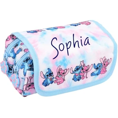Image of Disney Stitch Personalised Pencil Case, Tie Dye Cute School case for Girls, 2 Large Compartments Stationery Pouch